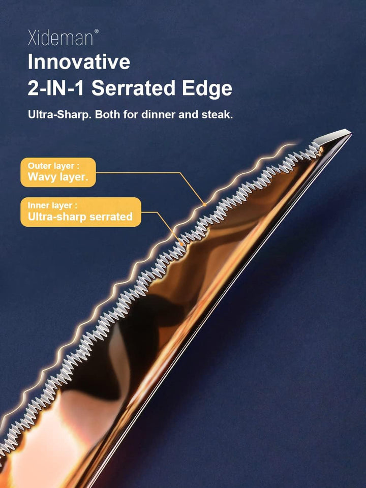 Besteck Set 6 Personen modernes gehämmertes, mit ultrascharfem 2-IN-1 gezacktem Messer, Besteckset 1