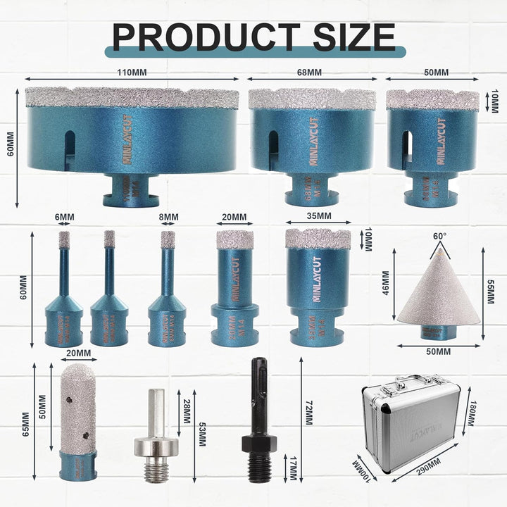 MINLAYCUT Fliesensäge Set Diamantbohrer Set - 12 Stück 6/6/8/20/35/50/68/110mm+50mm Fasenbohrer+20mm