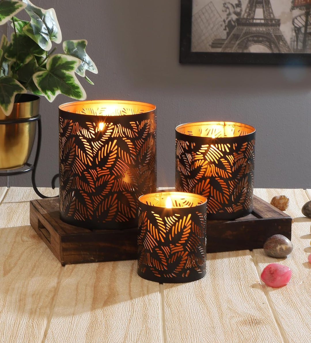 MARRAKESCH 3er Set Windlicht 14cm Gross aus Metall Orientalische Teelichthalter Ulama Schwarz Gold a