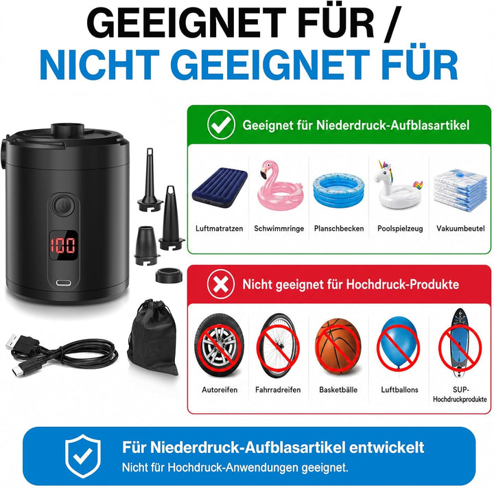 Akku Luftpumpe für Luftmatratze, Lytool 5200mAh Elektrische Mini Luftpumpe Akku mit digitaler Anzeig