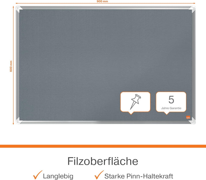 Nobo Filz-Notiztafel, 60 x 90 cm, Aluminiumrahmen, Traditionelle Eckmontage, Premium Plus, Grau, 191