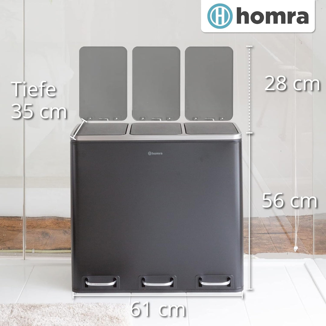 Homra Mülleimer Küche 3 Fächer Sparq 54l | Mülltrennsystem 3Fach | Edelstahl Treteimer 3x18 Liter |