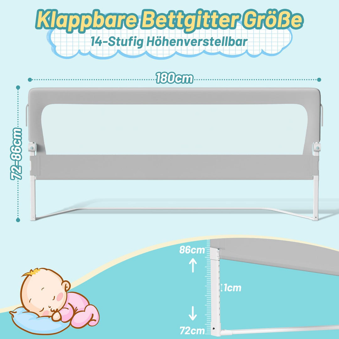 180cm Bettgitter Rausfallschutz, Kinderbettgitter um 180 Grad Klappbar, Bettschutzgitter Höhenverste