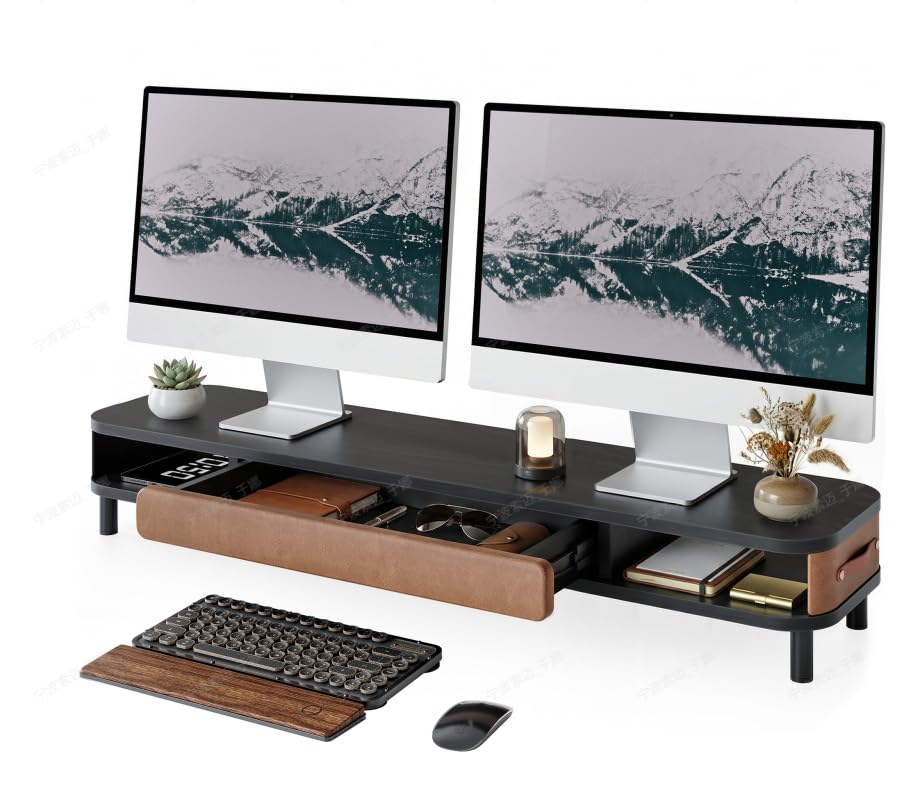 Fenge Dual Monitorständer mit Schublade, 108cm Bildschirmerhöhung mit Aluminiumbeinen & Ledergriff,