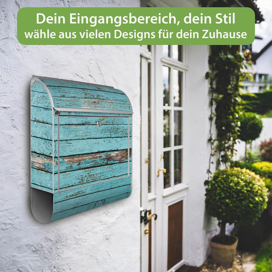 banjado® Design Briefkasten mit Motiv Blaue Holzlatten 39x47x14cm &amp; 2 Schlüssel - Briefkasten Stahl