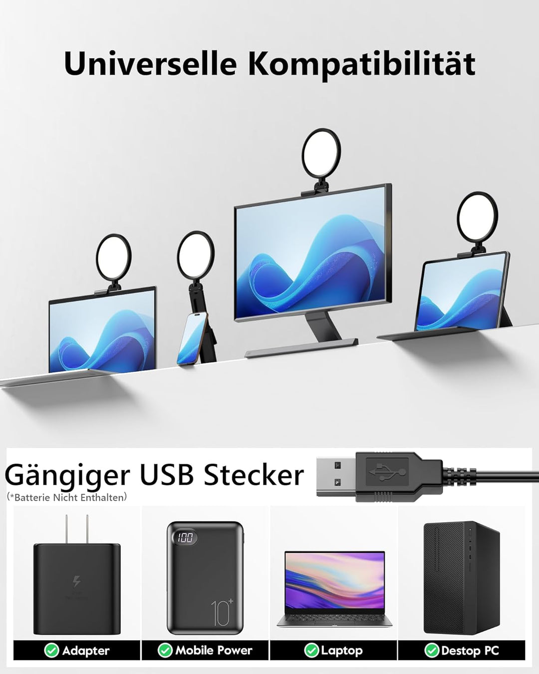 2 Stück Ringlicht Laptop 5" Videokonferenz Licht,LitONES Premium Streaming-Licht mit 5 Lichtfarben+1