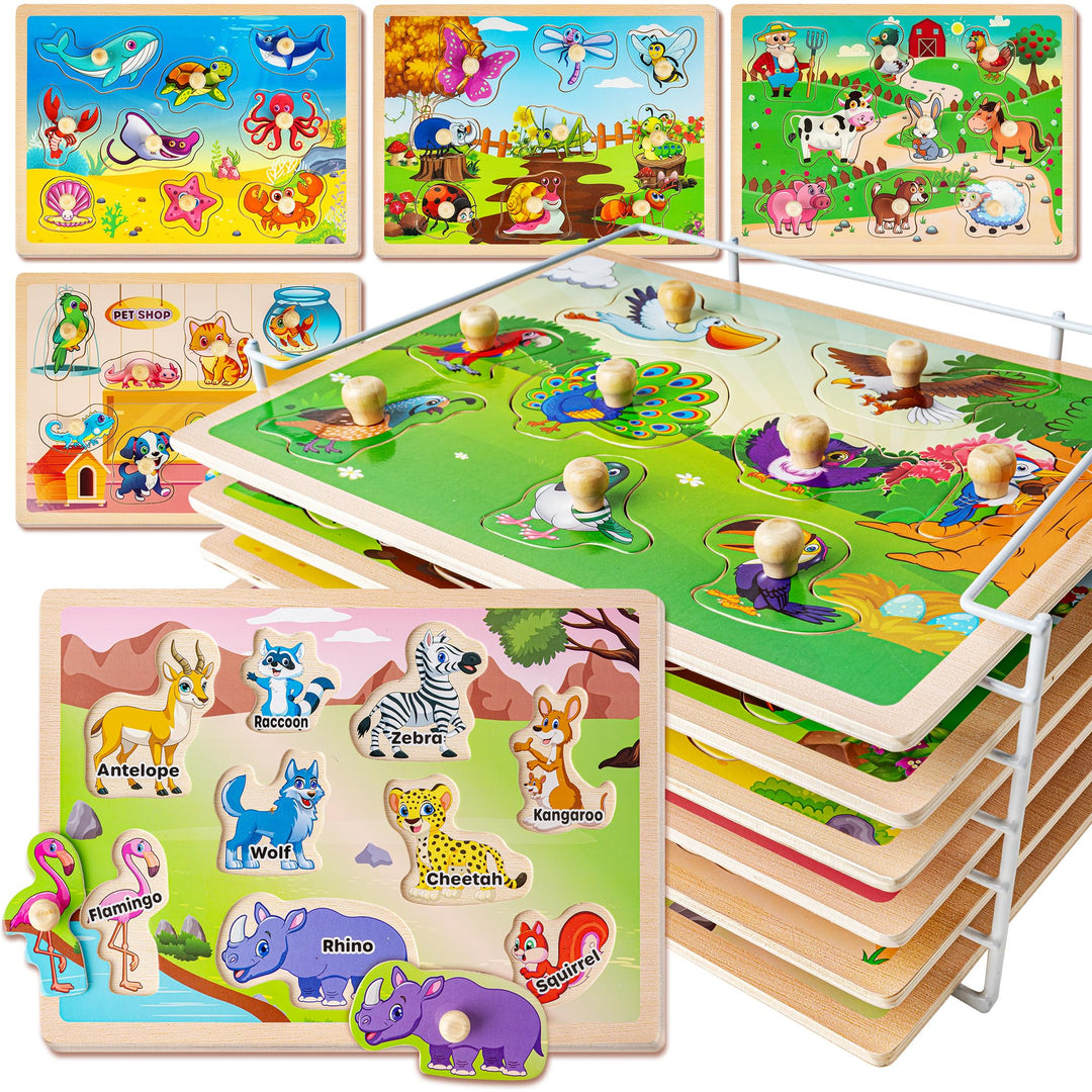SYNARRY 6 Set Kinder Holzpuzzle ab 1 2 3 Jahre, Montessori Spielzeug Steckpuzzle für Babys Kleinkind