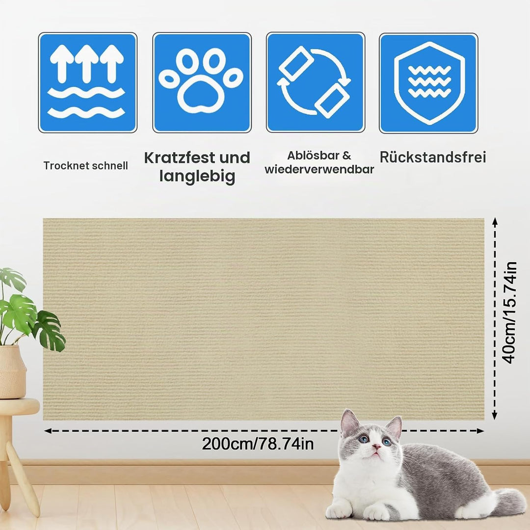 Kratzmatte Selbstklebend, 200x40cm Trimmbar Katzen Kratzmatte Wand, Verdickte Kratzteppich Katze, Kr