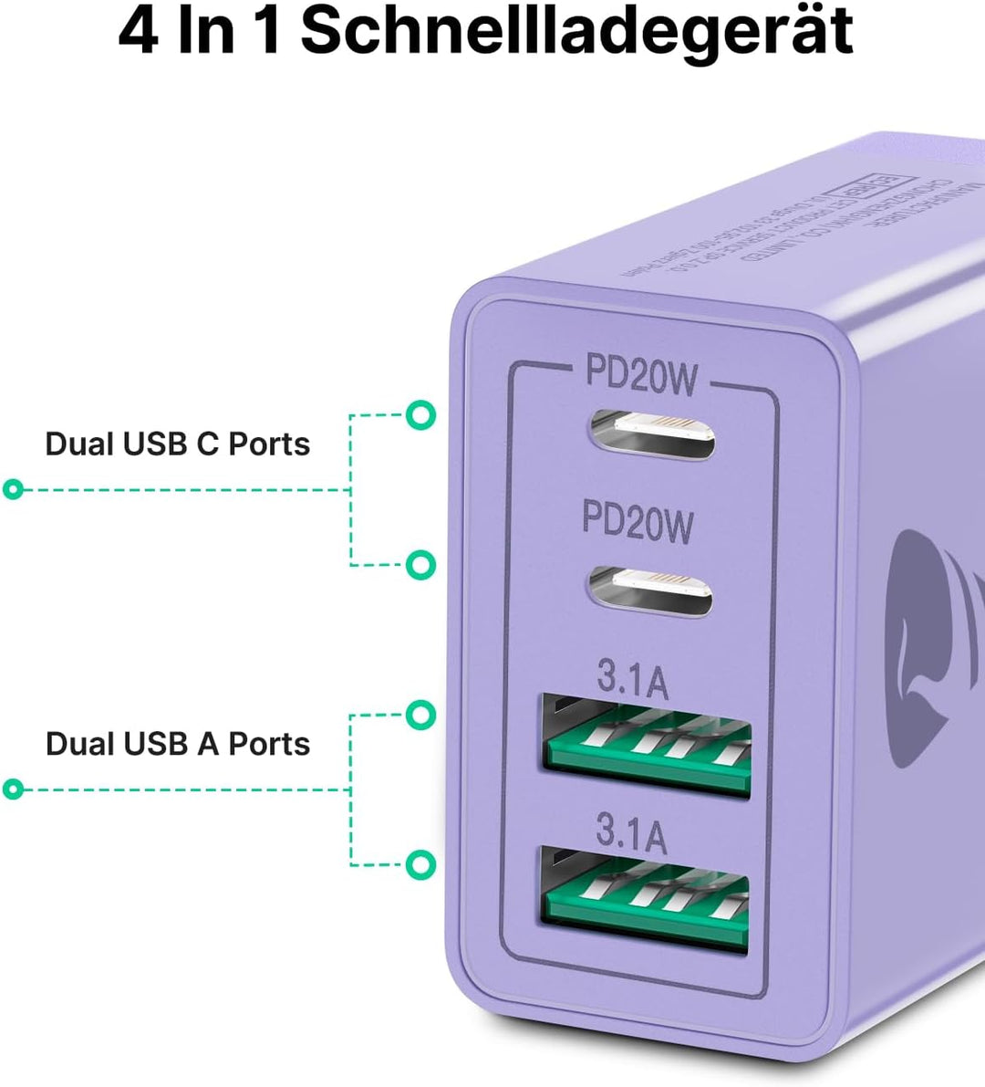 USB C Ladegerät,4-Ports 40W Mehrfach Schnellladegerät USB-C und USB-A,PD 3.0 Power Adapter Stecker L