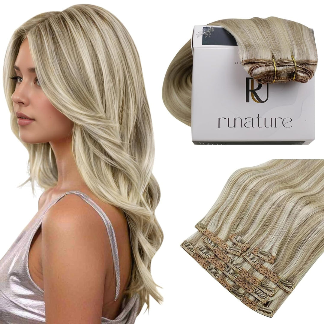 RUNATURE Clip in Echthaar Extensions Aschbraun mit Platinblond Extensions Clip in Glatt Harr Gerade