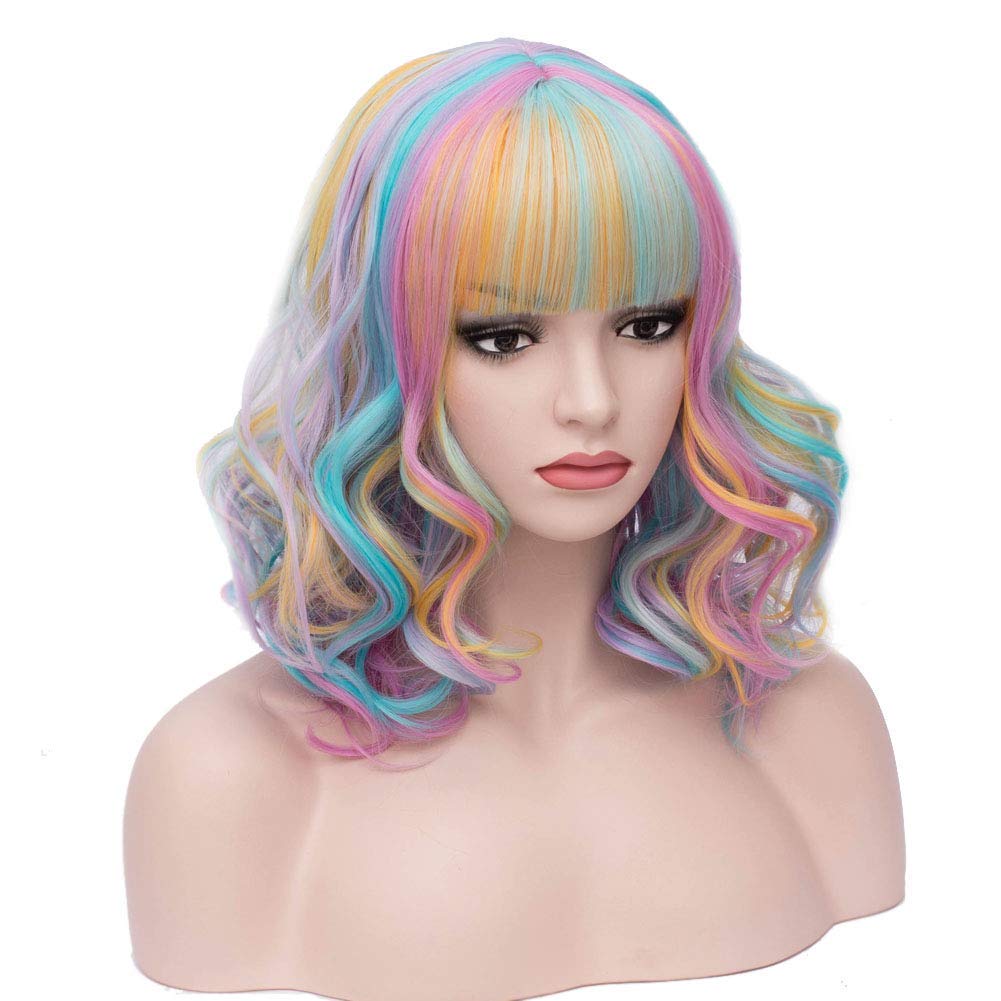 BERON 35,6 cm Regenbogen-Perücke, kurze gewellte Perücke, Regenbogen-Perücken mit Pony, Bob-Perücke,
