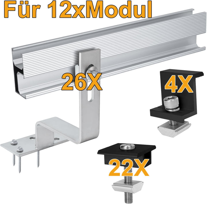 Solar Halterung Ziegeldach für 12 module set, PV Montageset Photovoltaik Diskontinuierliche Schienen