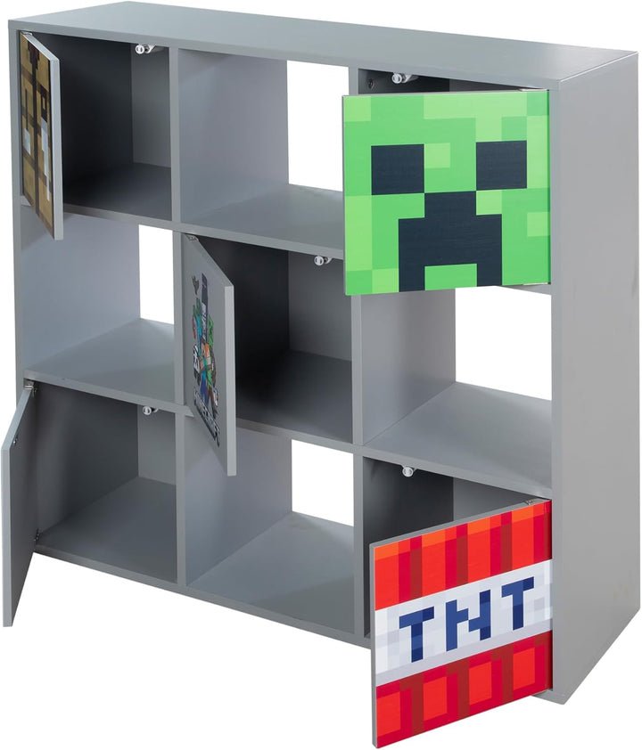 Phoenix Group Minecraft - 3x3 Regal, Raumteiler mit Türen und offenen Fächern, Grau