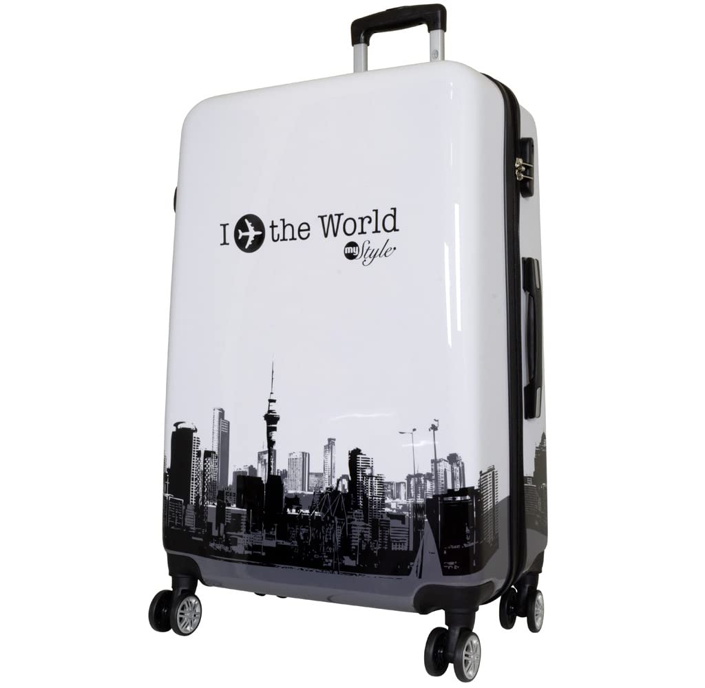 Trendyshop365 Reisekoffer Gross Hartschale mit Flugzeug Städtedesign Bedruckt 77cm 94 Liter 4 Rollen