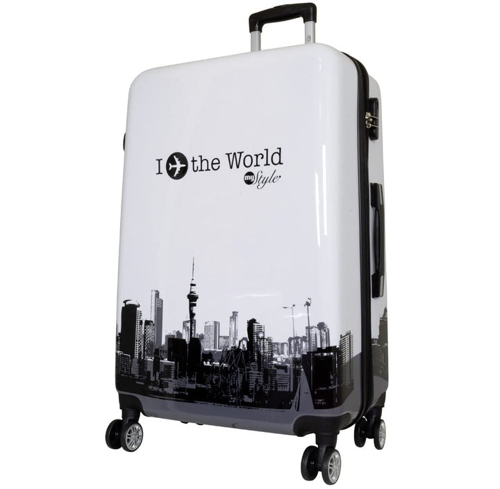 Trendyshop365 Reisekoffer Gross Hartschale mit Flugzeug Städtedesign Bedruckt 77cm 94 Liter 4 Rollen