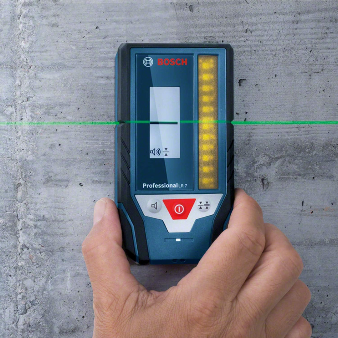 Bosch Professional Laserempfänger LR 7 (roter und grüner Strahl, 2 x AAA Batterien, Reichweite: 5-50