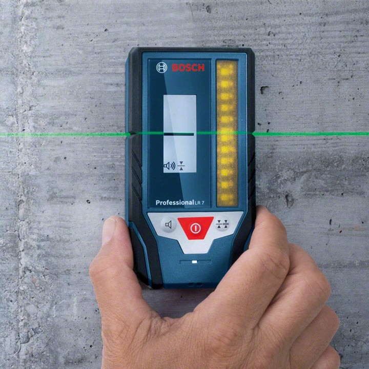 Bosch Professional Laserempfänger LR 7 (roter und grüner Strahl, 2 x AAA Batterien, Reichweite: 5-50