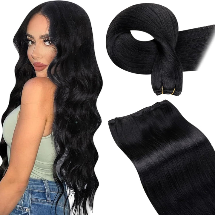 LaaVoo Tressen Extensions Echthaar Schwarz Haarverlängerung Echthaar Weave 40cm Haartressen Extensio