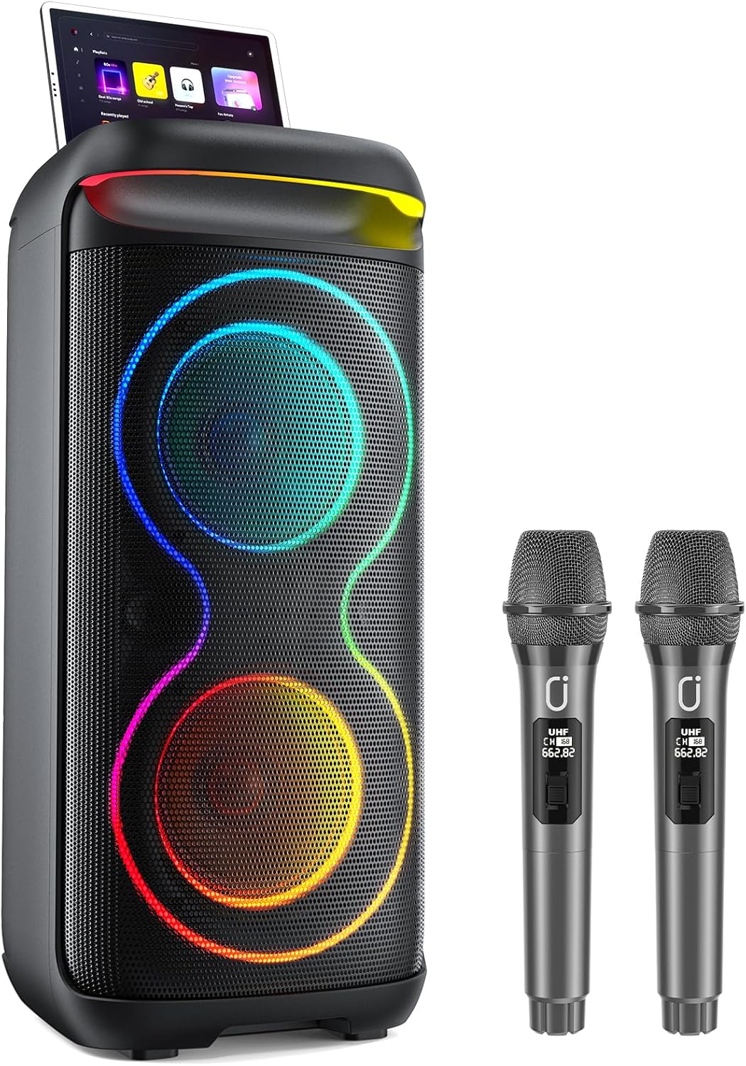 HWWR Karaoke Maschine mit 2 Mikrofones, grosser Tragbaren Bluetooth Karaoke Lautsprecher mit Diaco L