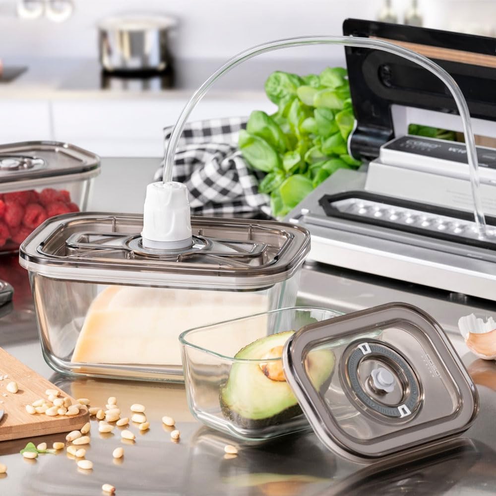 CASO VacuBoxx Eco-Set - 3 Vakuumbehälter aus Borosilikatglas, BPA-Frei, inkl. Vakuumierschlauch & Ad
