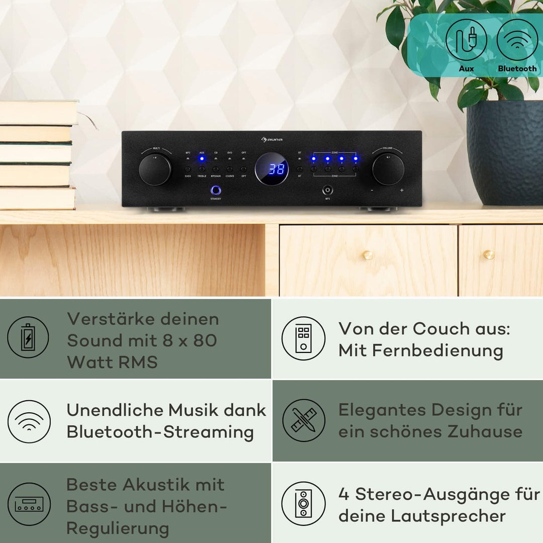 auna AMP-CD950 DG - Power Amplifier Verstärker, Ausgangsleistung: 8 x 100 Watt RMS an 4 Ohm, Built-i