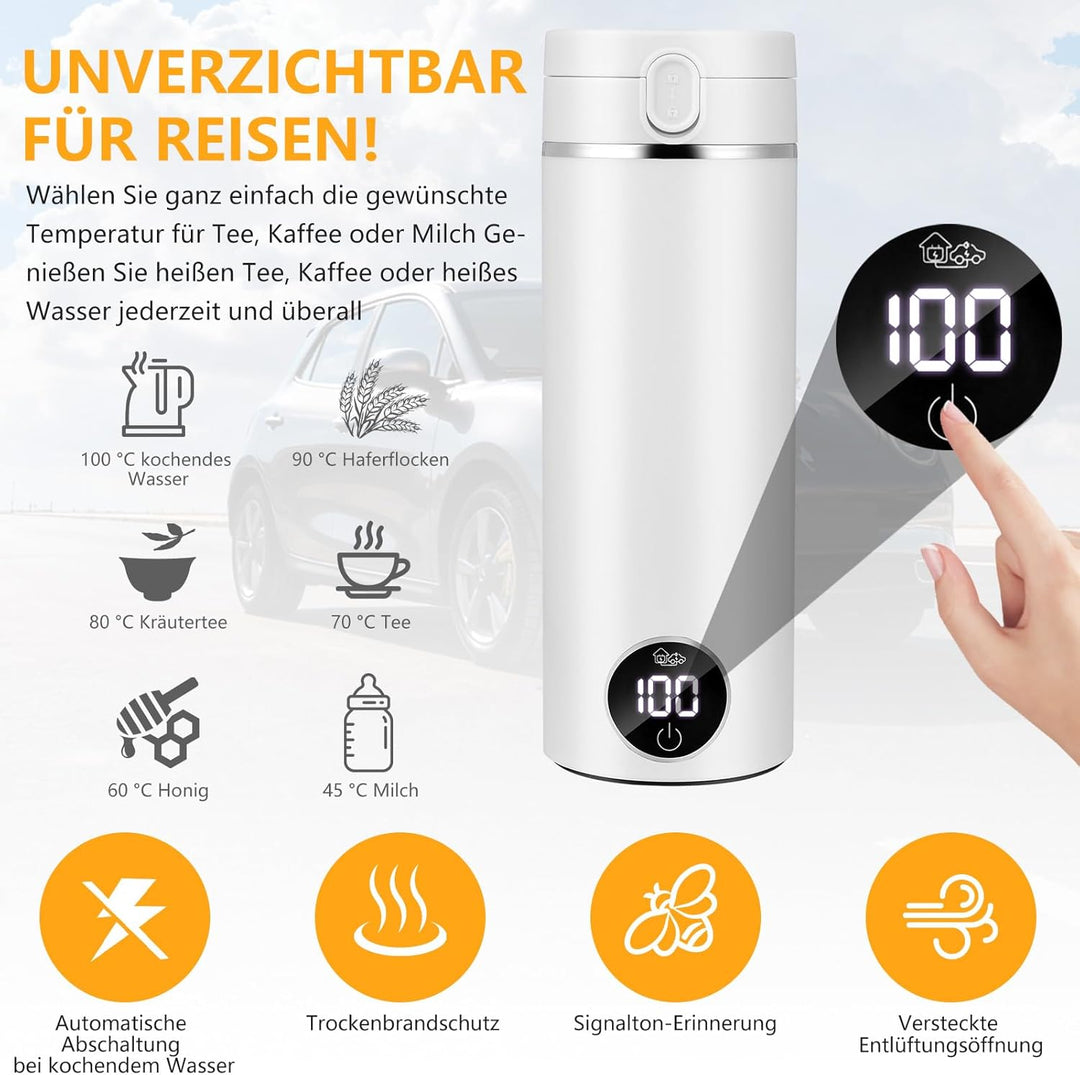 GuKKK Reisewasserkocher, 450ml Mini Wasserkocher,Fahrzeug Beheizter 12V, Auslaufsicher,6 Temperature