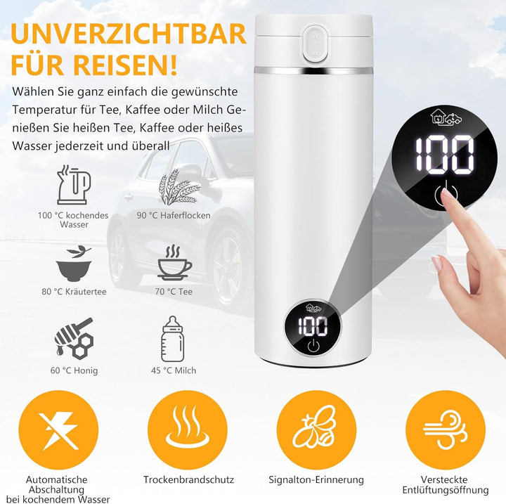 GuKKK Reisewasserkocher, 450ml Mini Wasserkocher,Fahrzeug Beheizter 12V, Auslaufsicher,6 Temperature