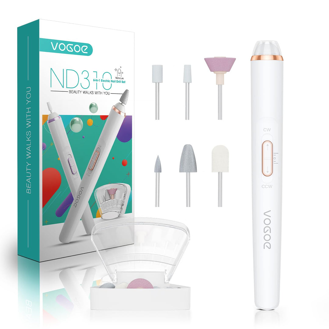 VOGOE Elektrische Nagelfeile, Kabelloser Nagelfräser mit LED-Licht, Einstellbare Geschwindigkeit & 2