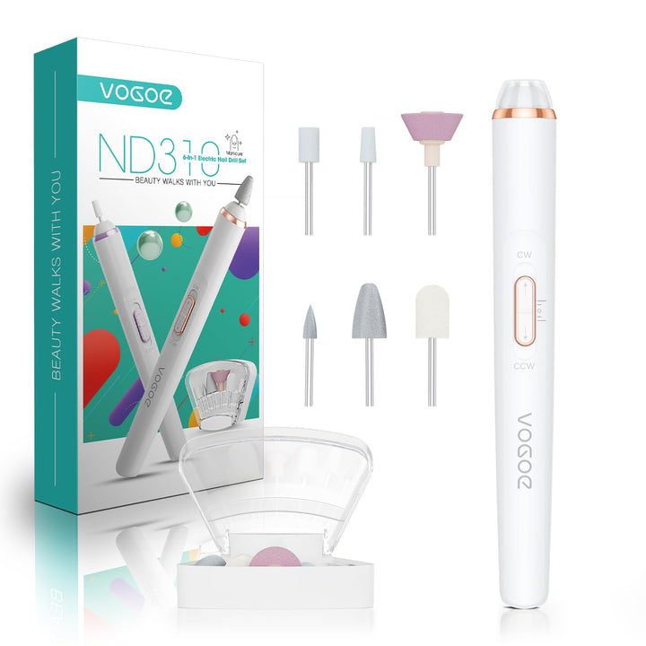 VOGOE Elektrische Nagelfeile, Kabelloser Nagelfräser mit LED-Licht, Einstellbare Geschwindigkeit & 2