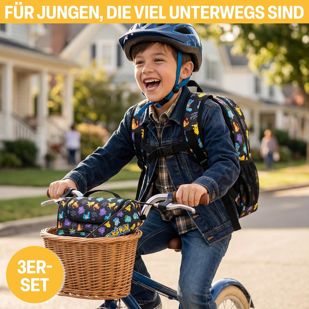 Get Trend Pokemon Rucksack Kinder 3er Set, Kinderrucksack mit Federmäppchen und Isolierte Lunchtasch