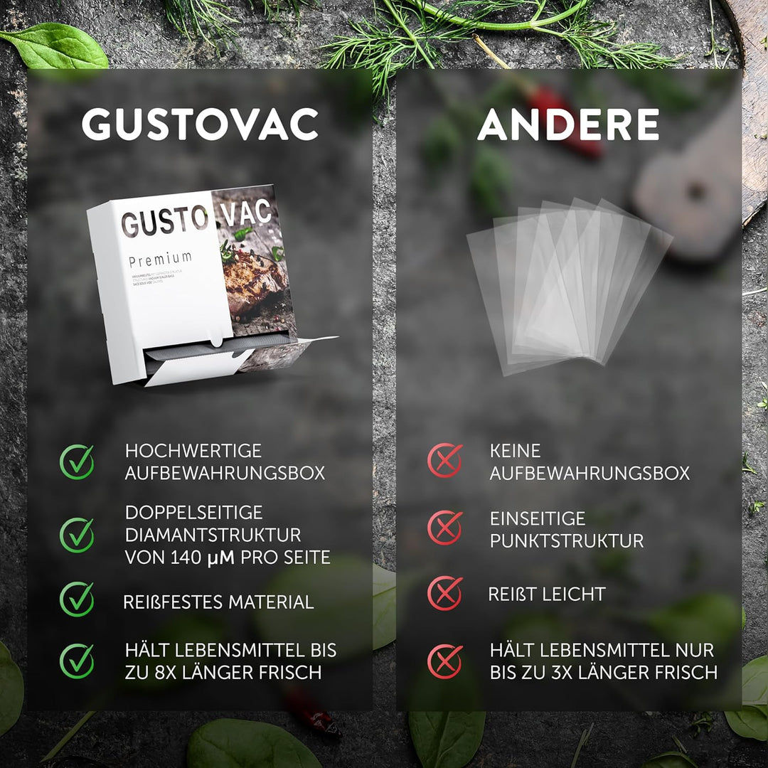 GustoVac Premium 100 Stk Vakuumierbeutel 20x30 geprägt - Made in Germany - Vakuum Beutel für Vakuumi