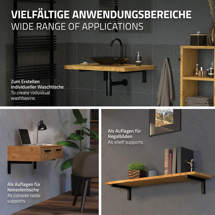ML-Design 2er Set Wandkonsole für Waschtisch, 300x150 mm, Schwarz, Stahl, Design Waschtischhalterung