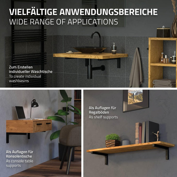 ML-Design 2er Set Wandkonsole Winkel L-Form für Waschtisch, 450x150 mm Schwarz Stahl, Design Waschti