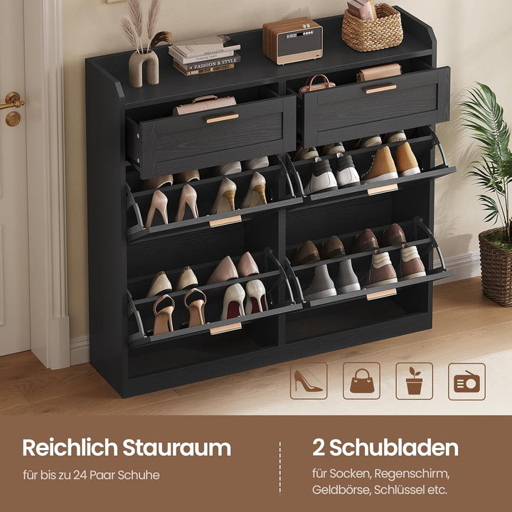 Schuhschrank mit 4 Klappen, Schuhkipper Schmal, Schuhschrank mit 2 Schubladen, Trennwand Verstellbar