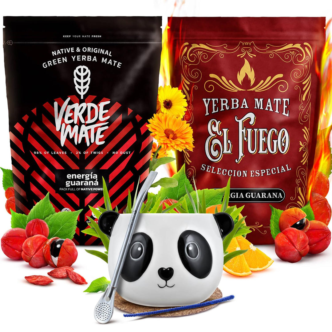 Verde Mate, El Fuego Mate Tee Set - Yerba Mate Energia Guarana 2x500g - mit Keramik Mate Becher Pand
