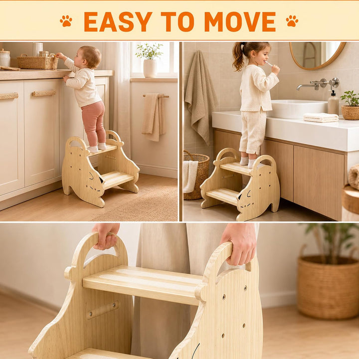 Tritthocker Kinder Holz 2 Stufen, Hocker Kinder, 150kg Tragkraft | Anti-Rutsch Kinderhocker mit Grif