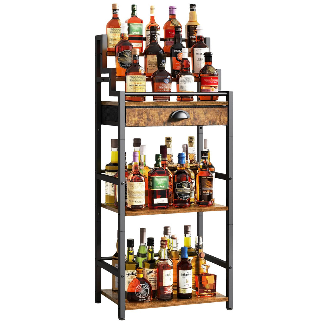 IBUYKE Stufen Weinregal, Freistehend, Weinschrank mit Schublade und Ausstellungsregal für Whisky, Tr