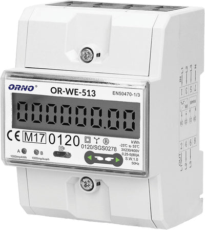 ORNO OR-WE-513 Stromzähler Hutschiene 3-Phasen-Anzeige des Stromverbrauchs mit MID Zertifikat, 0,25A