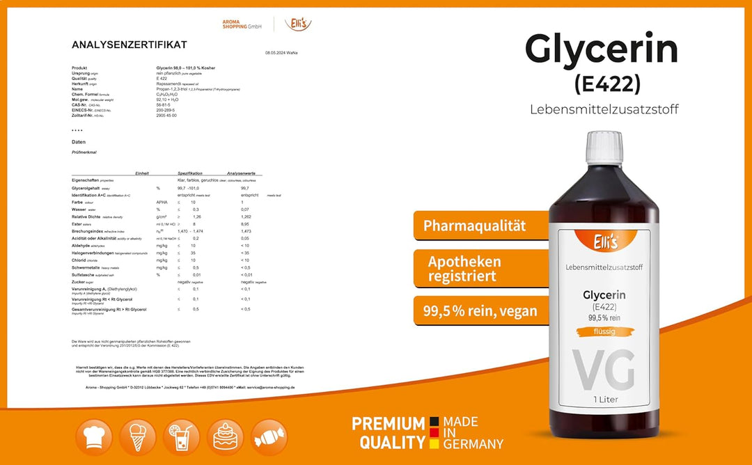 GLYCERIN 99,5% REIN | Lebensmittelzusatz für Lebensmittel und Kosmetika | Vegan und Feuchtigkeitsspe