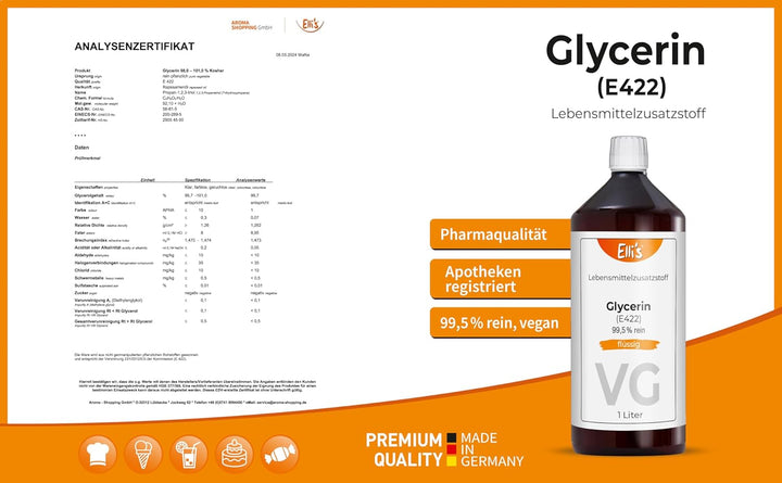 GLYCERIN 99,5% REIN | Lebensmittelzusatz für Lebensmittel und Kosmetika | Vegan und Feuchtigkeitsspe