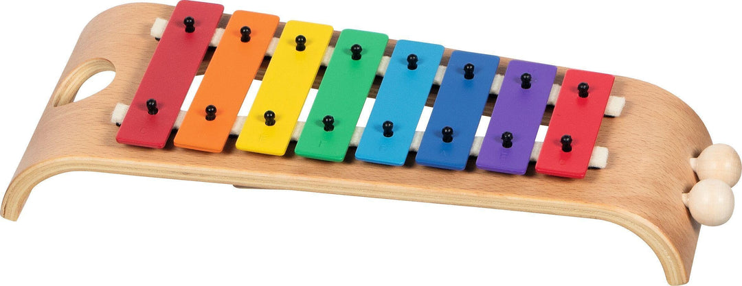 goki 61839 Xylophon aus Holz und Metall – 8-töniges Kinderinstrument mit gebogener Holzbasis inkl. 2