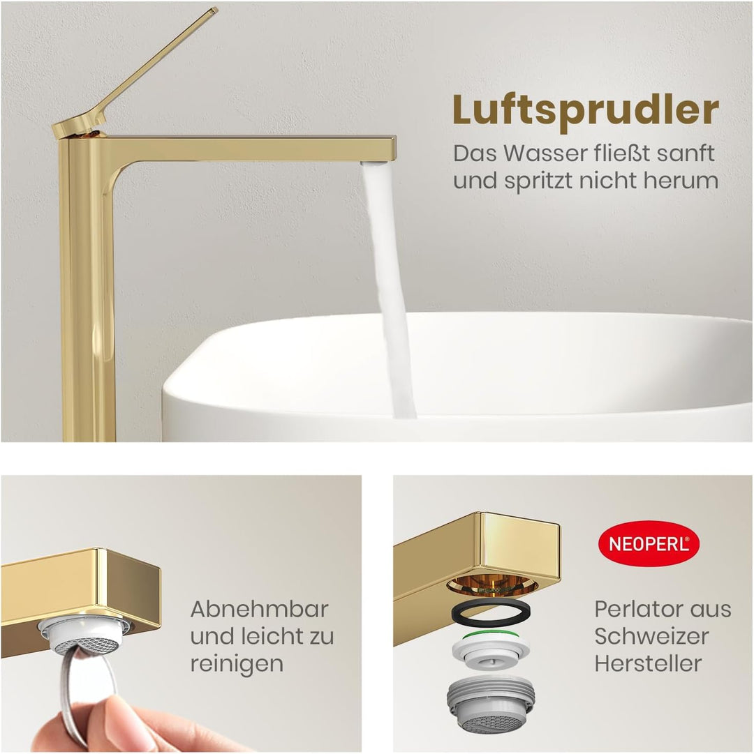 EMKE Wasserhahn Bad Champagnergold, 335 x 233 x 46 mm, Messing, Keramikkartusche, Badarmatur, Mischb