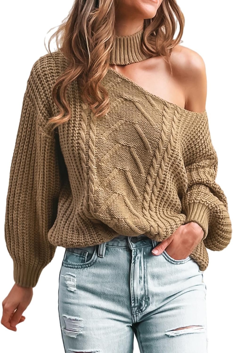CUPSHE Damen Strickpullover Mock Neck One Shoulder Langarm Zopfmuster Feinstrick Schulterfreier Pull