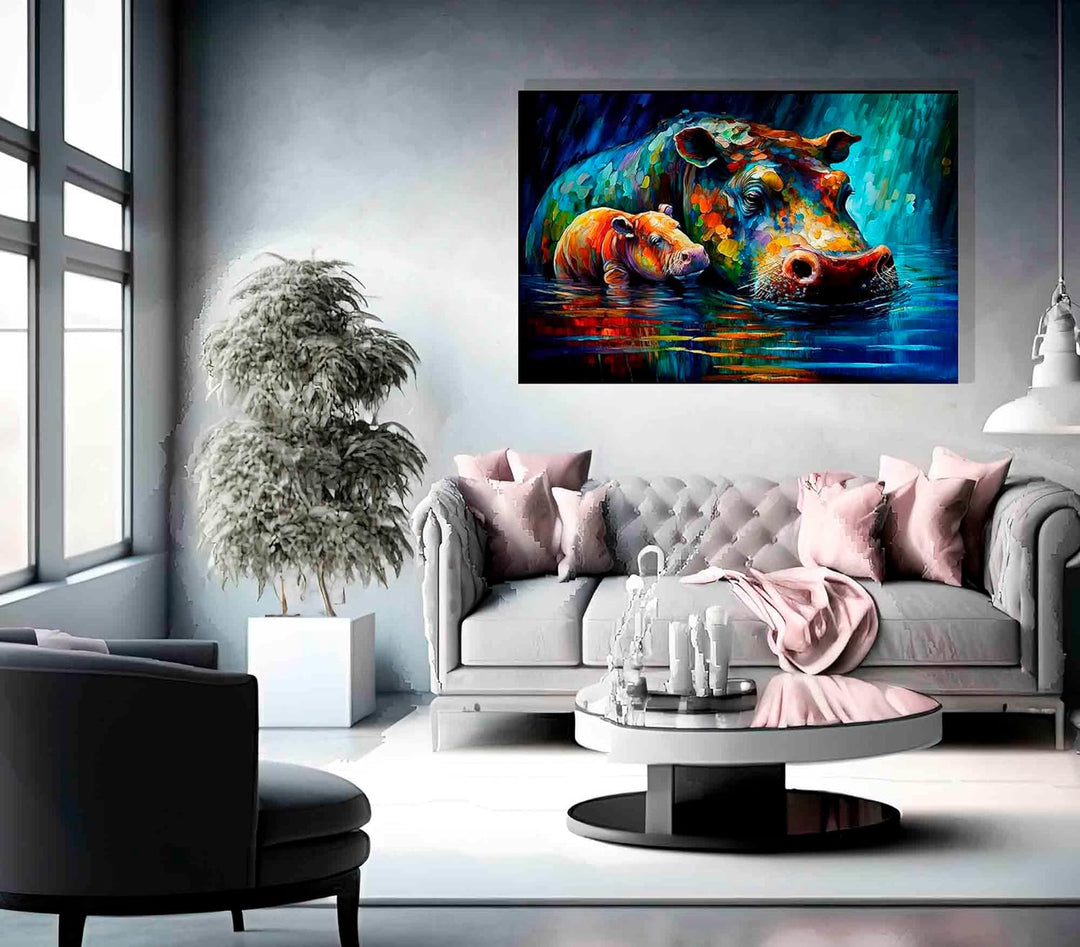 Artley Prints - Nilpferd im Teich mit Kleinkind Abstrakt Leinwandbilder für Wohnzimmer, Schlafzimmer