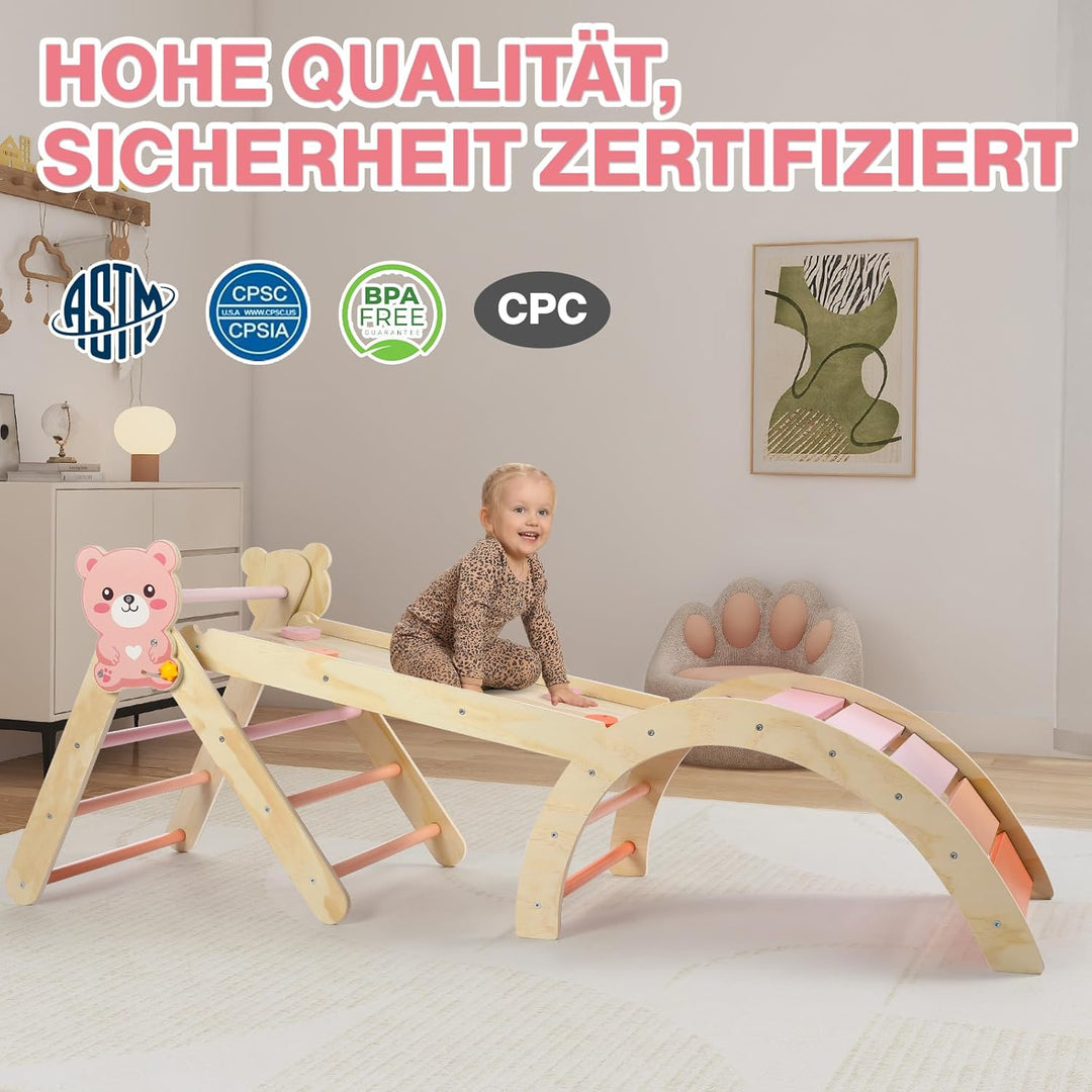 7-in-1 Montessori Kletterdreieck Set mit Rutsche, Kletterbogen & weichem Kissen – Holz Klettergerüst