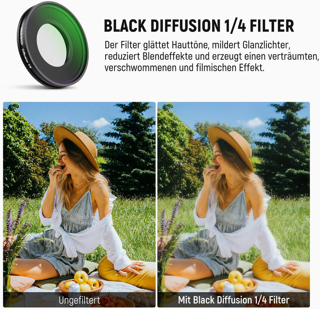 NEEWER 1/4 Black Diffusion Filter für einen filmischen Nebeleffekt, kompatibel mit der Insta360 GO U