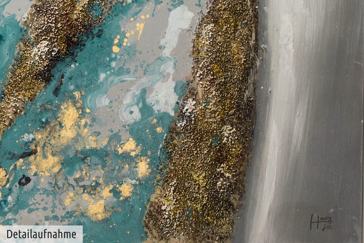 KunstLoft Leinwandbild | 100% HANDGEMALT | 150x50cm | Gemälde 'Glacial Shore' | Abstrakt | Blau Weis