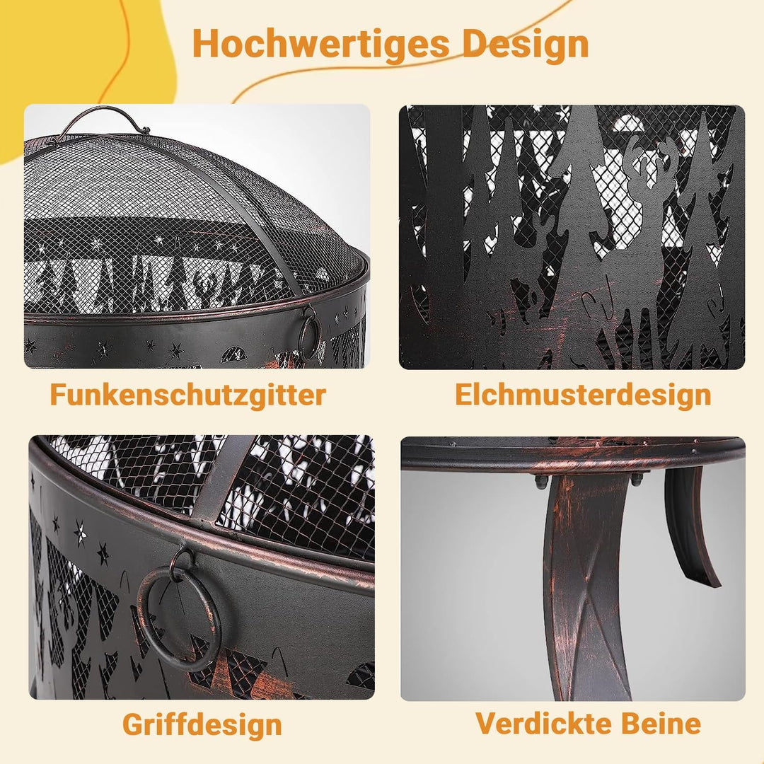 Feuerschalen, Feuerschale mit Funkenschutz, Feuerschale Garten Ø71x65cm, inkl. Poker & Kohlerost, Fe