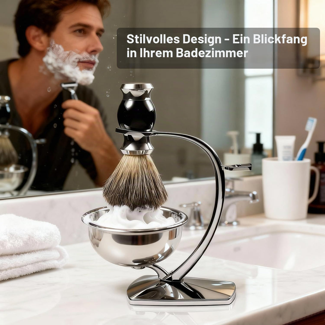 GRUTTI 3-in-1-Rasierset für Männer,Rasierhobel Ständer + Rasierpinsel aus Dachshaarimitat + Rasiersc