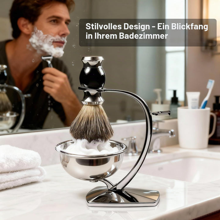 GRUTTI 3-in-1-Rasierset für Männer,Rasierhobel Ständer + Rasierpinsel aus Dachshaarimitat + Rasiersc
